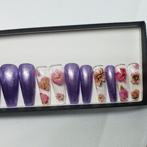 Long Ballerina Purple and Floral Design w/20 Nails - Picture 4 of 5